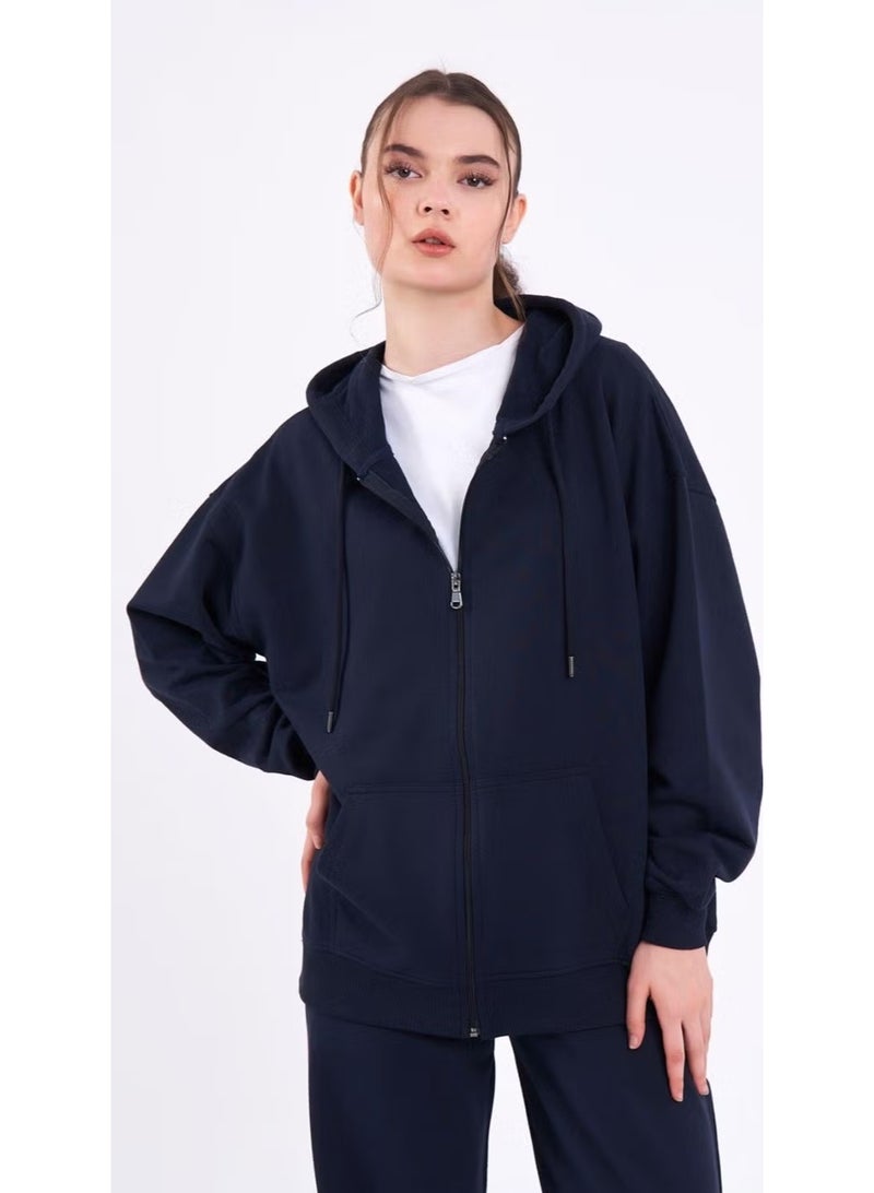 mmetalic Navy Blue Kangaroo Pocket Hooded Zippered Oversize Women's Sweatshirt - Image 4